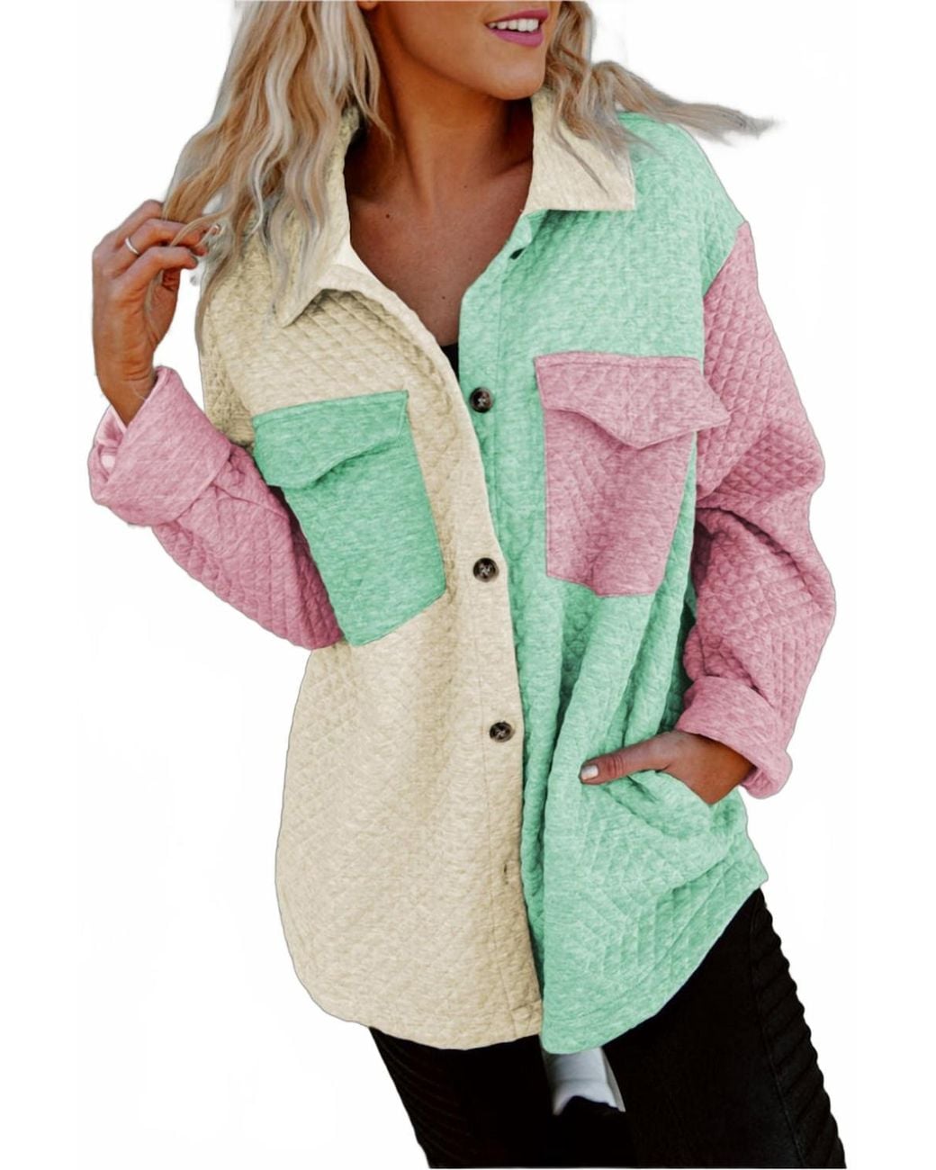 Pretty Bash Green Colorblock Button Front Quilted Shacket
