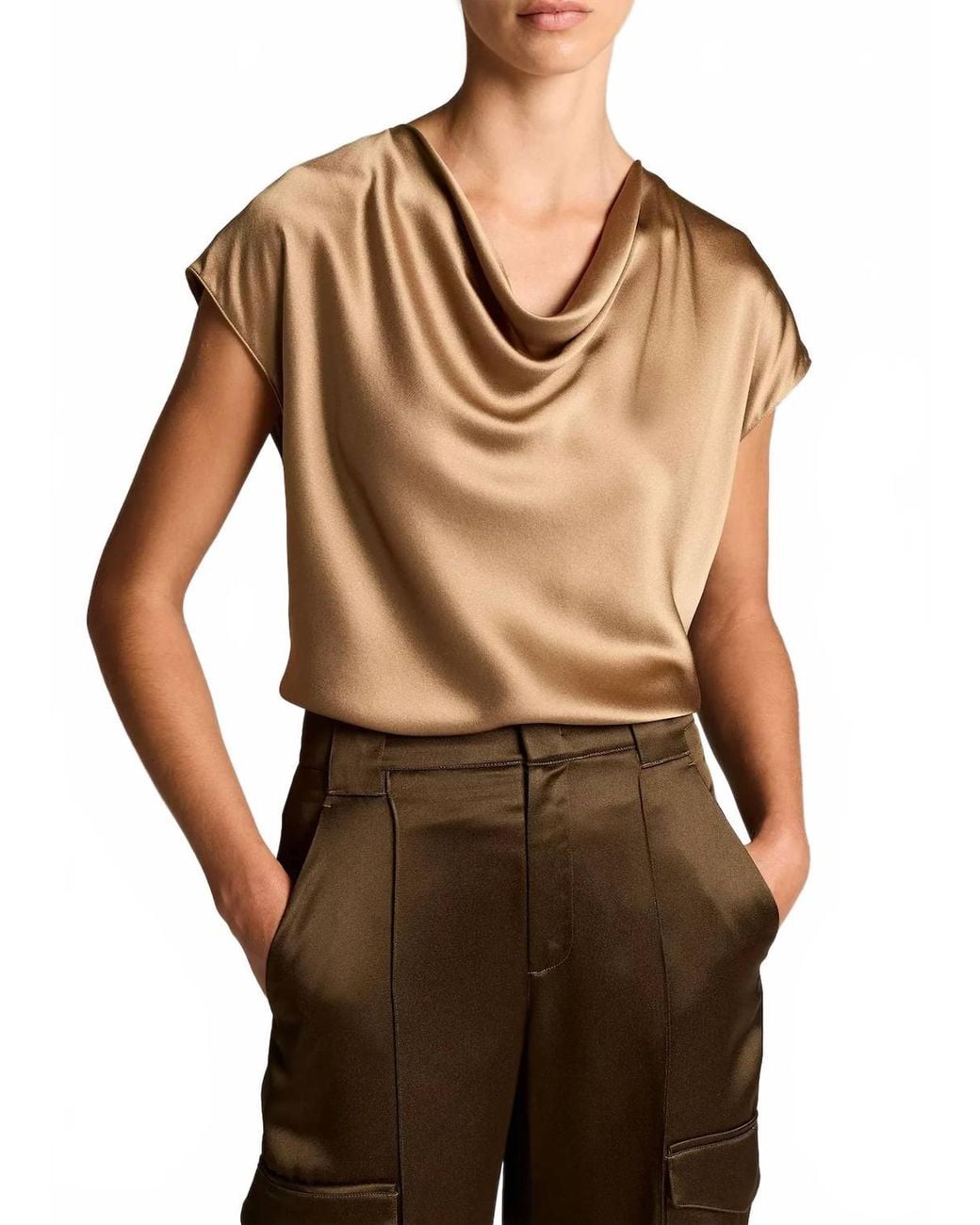 Vince Brown Silk Cowl-Neck Blouse