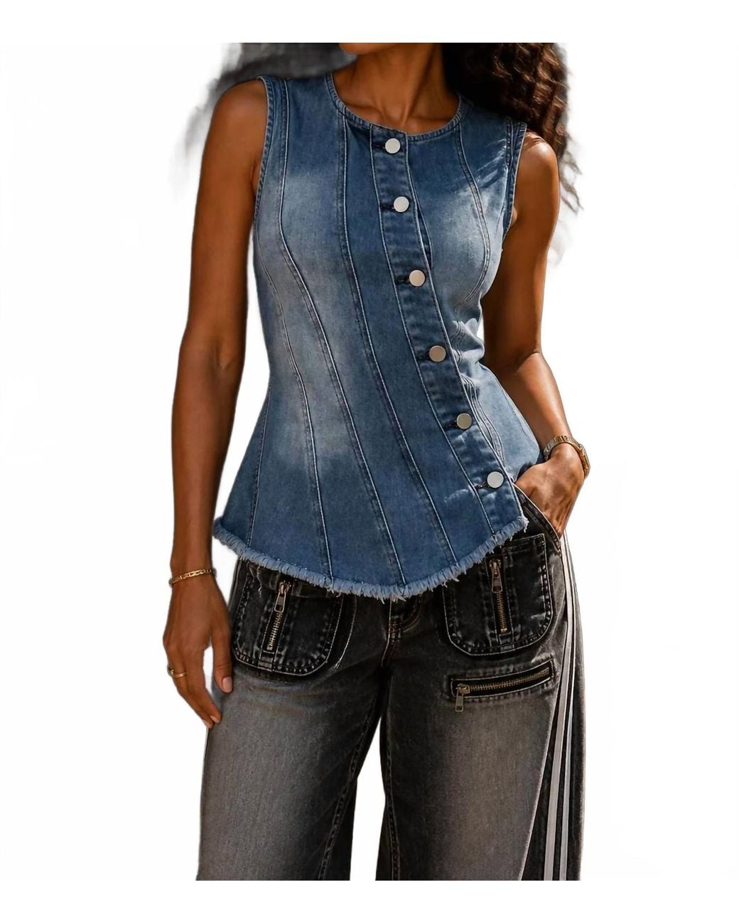 SurelyMine Blue Diagonal Button Denim Top