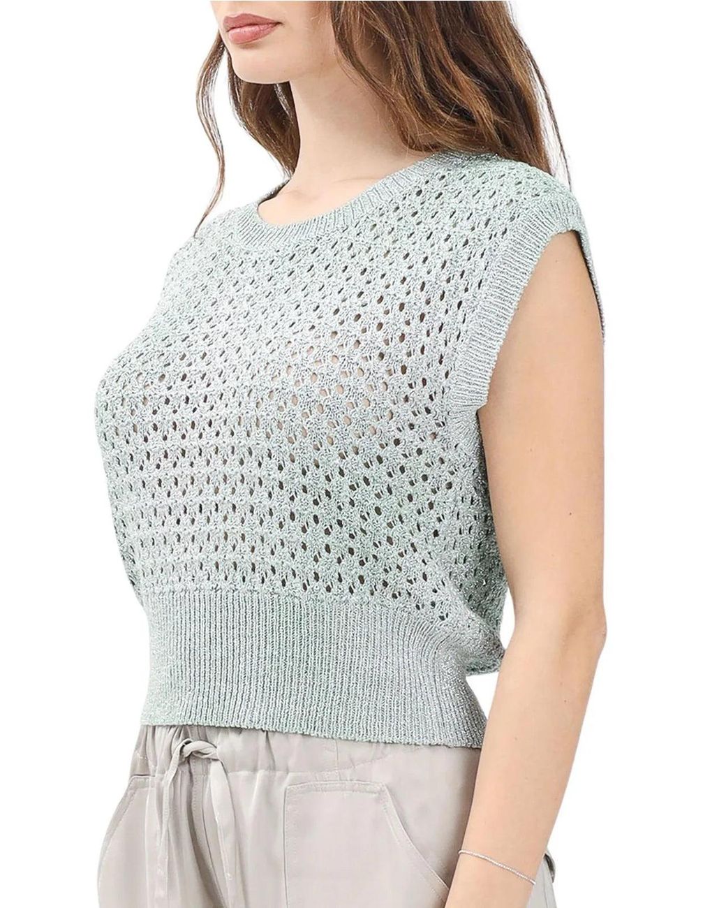 Akep Gray Openwork Pattern Ribbed Trim Viscose-Blend Vest