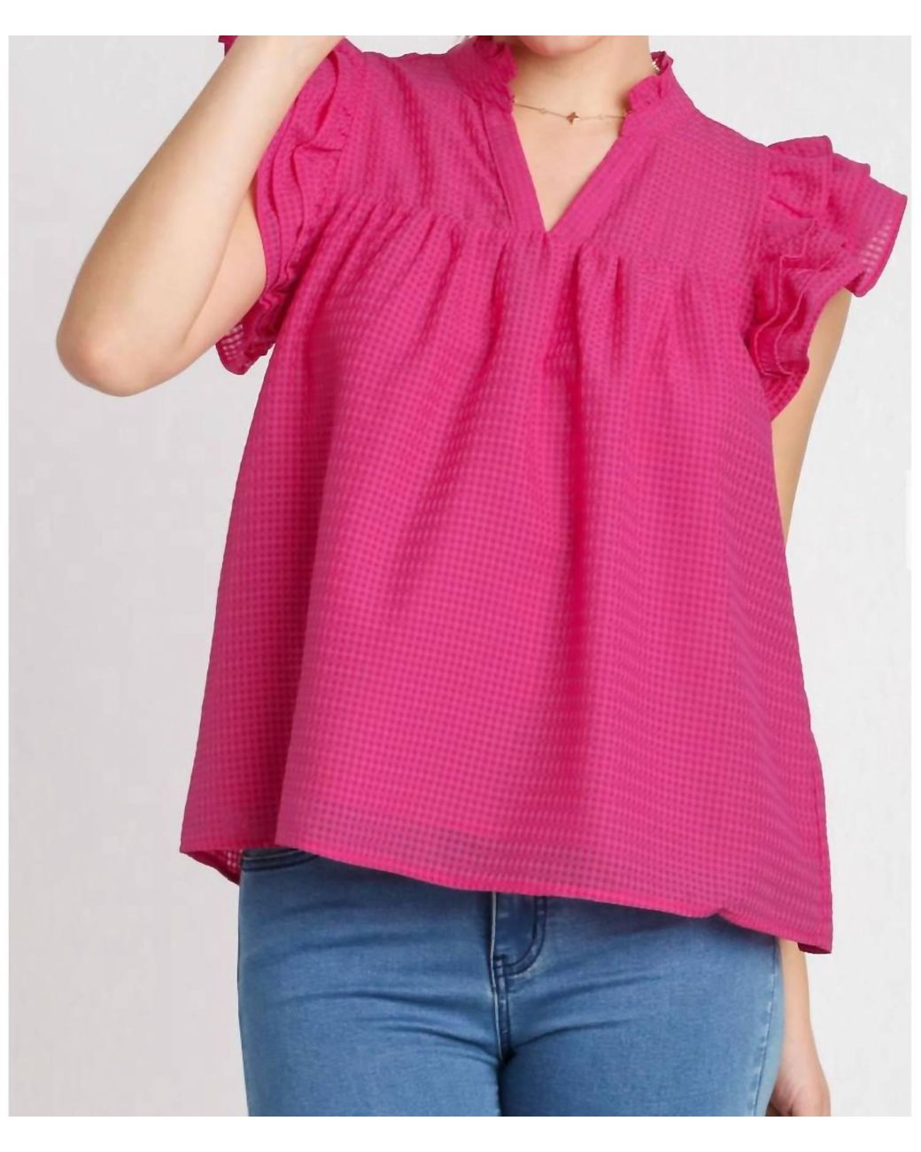 Umgee Pink Layered Ruffle Sleeve Split Neck Top