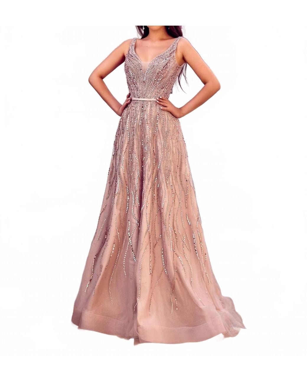 Modessa Couture V-Neck Sleeveless Long Beaded Ball Gown in Pink | Lyst