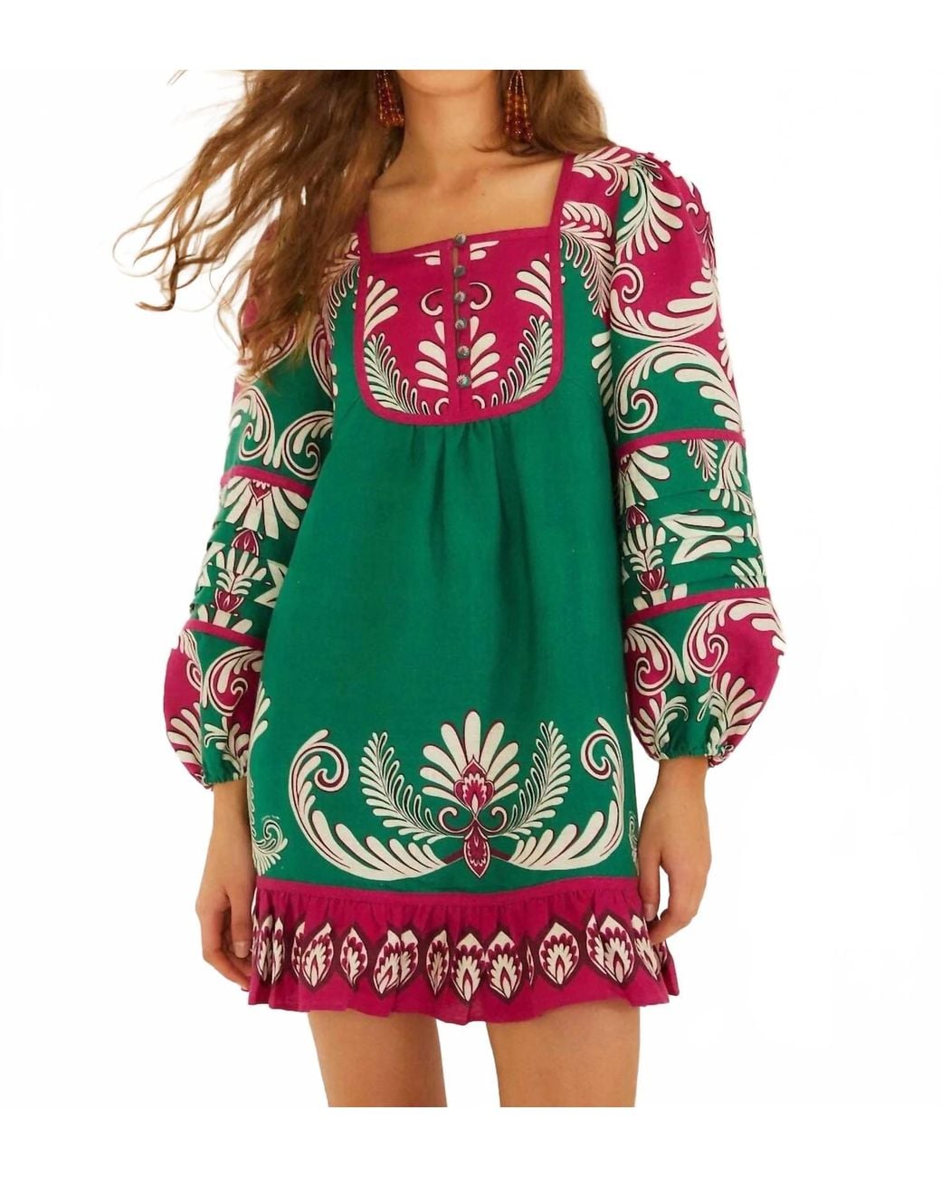FARM Rio Spring Arabesc Long Sleeve Mini Dress in Green | Lyst