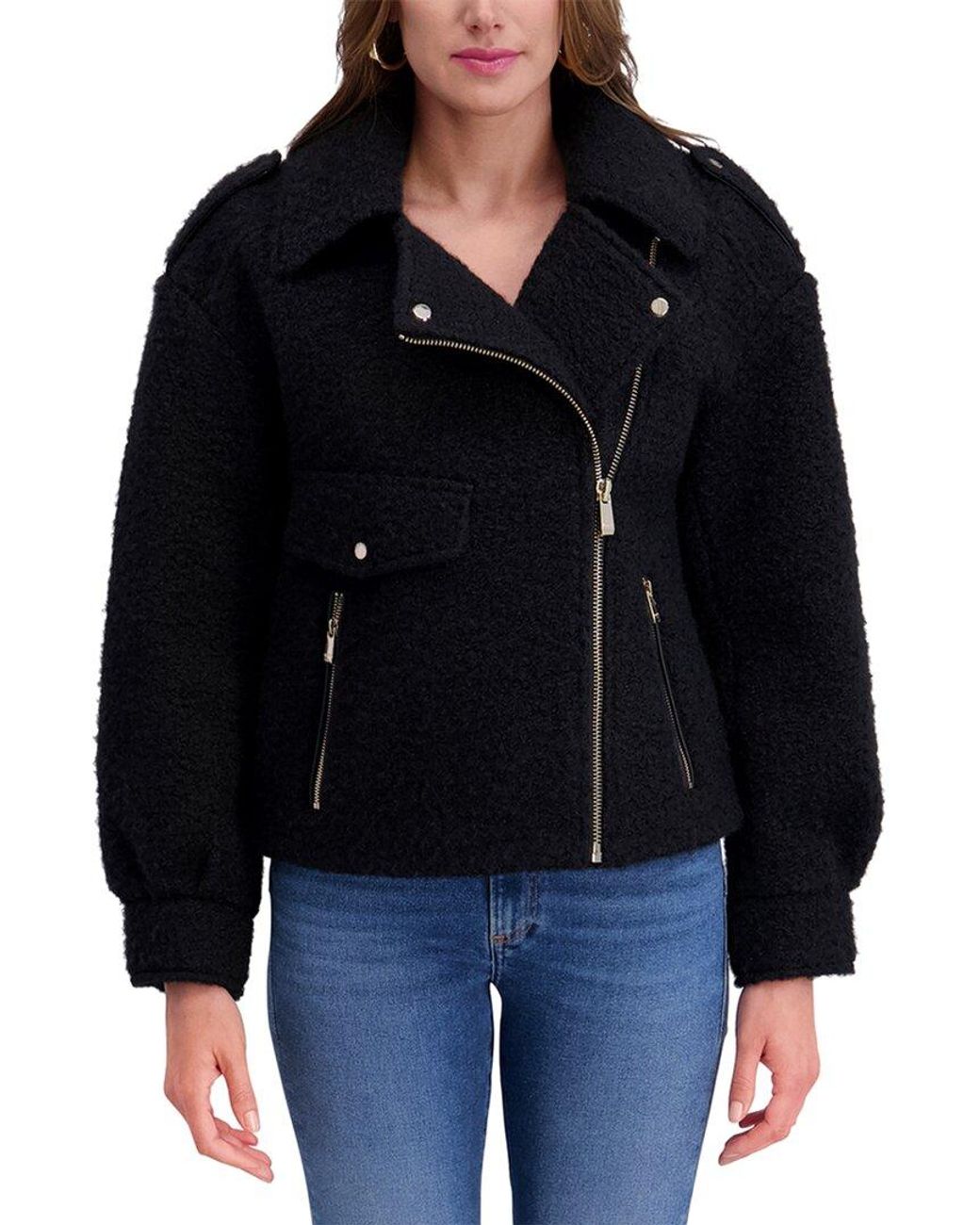Kensie Black Boucle Wool Moto Jacket