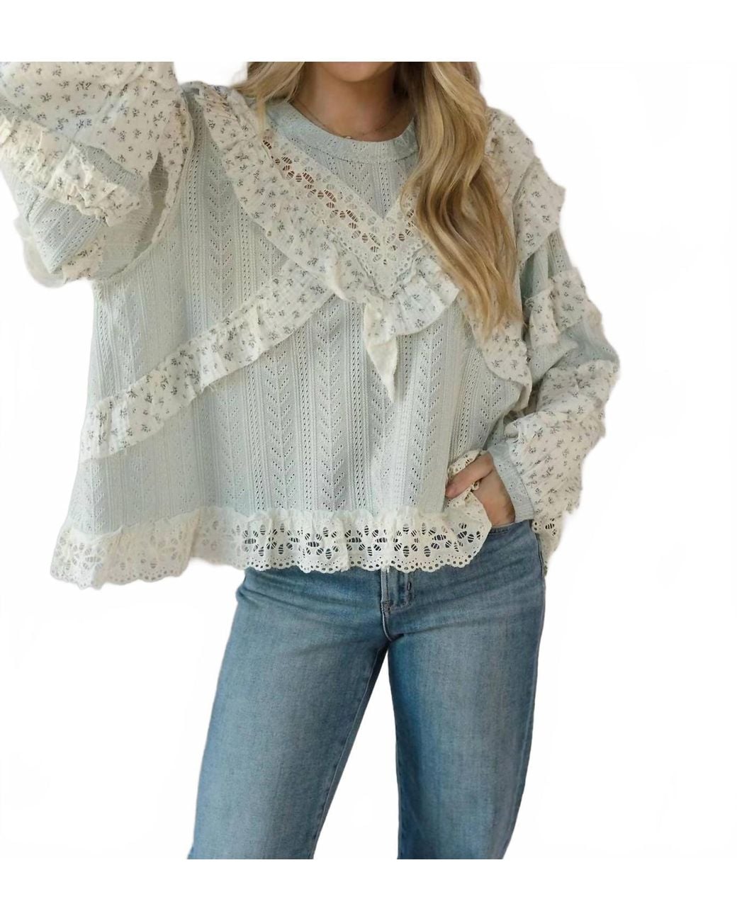 Pol Blue Amber Ruffle Lace Top