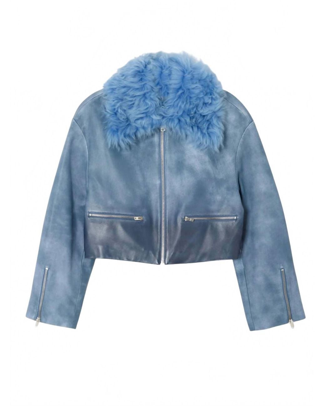 Re/done Blue Distressed Aviator Shearling Jacket