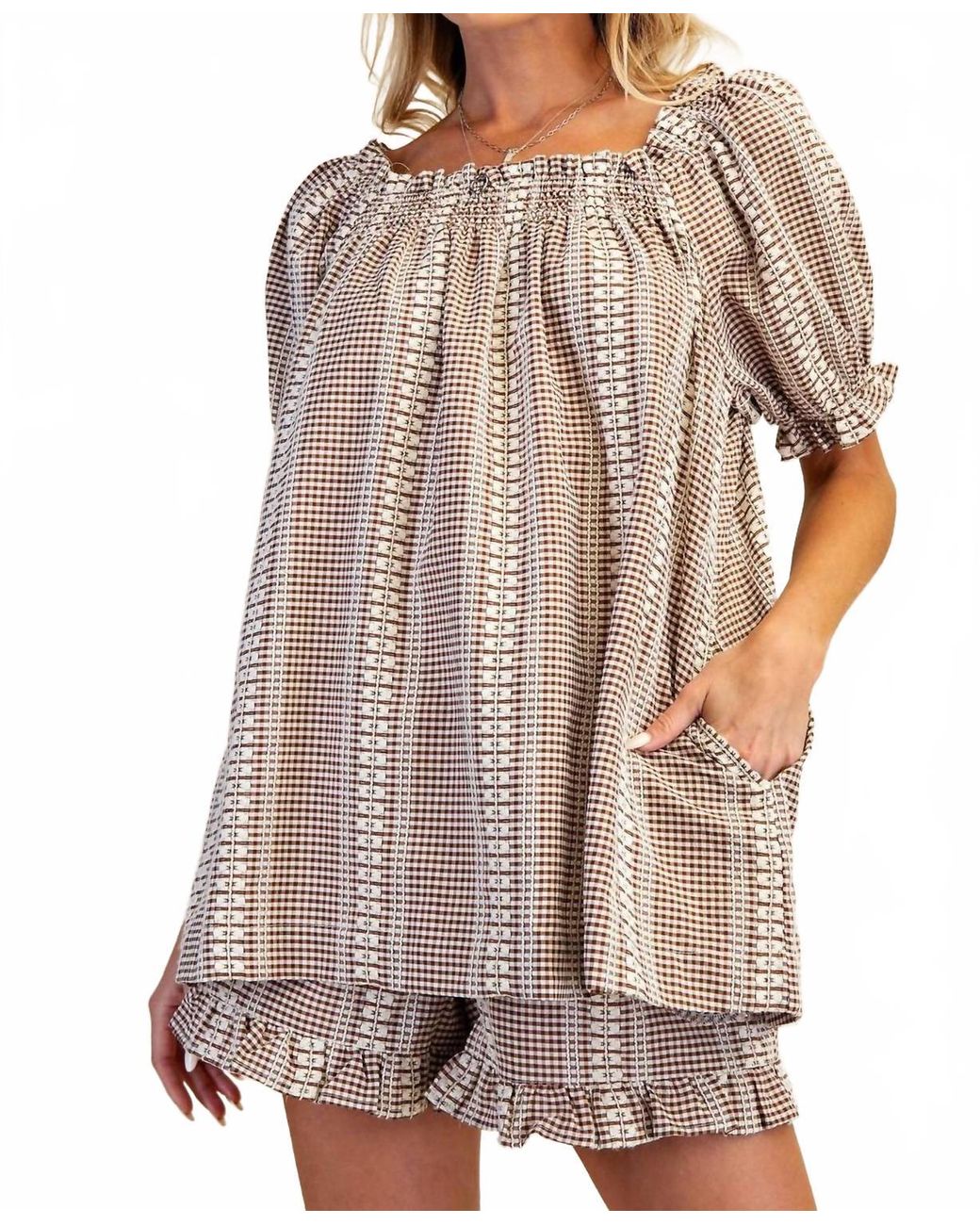 Easel Brown Gingham Set Top