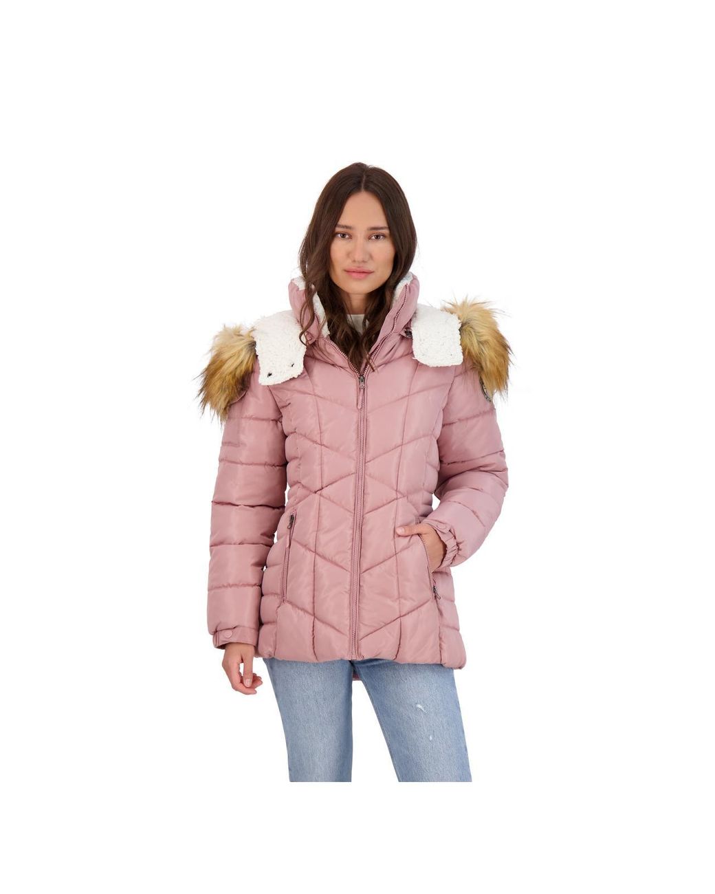 Reebok Faux Fur Sherpa Puffer Coat in Pink | Lyst