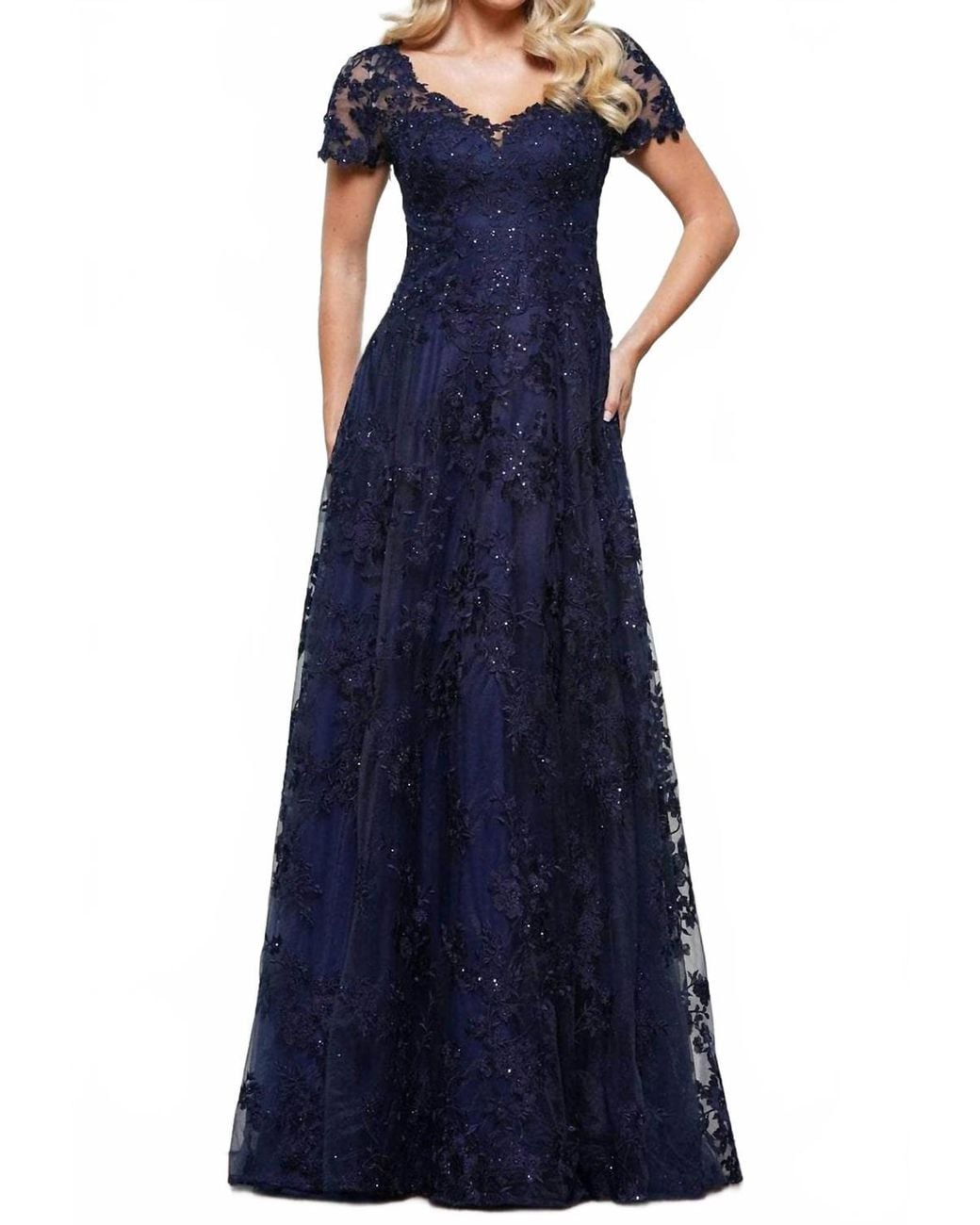 Rina Di Montella Long Embroidered Mesh A-Line Gown in Blue | Lyst
