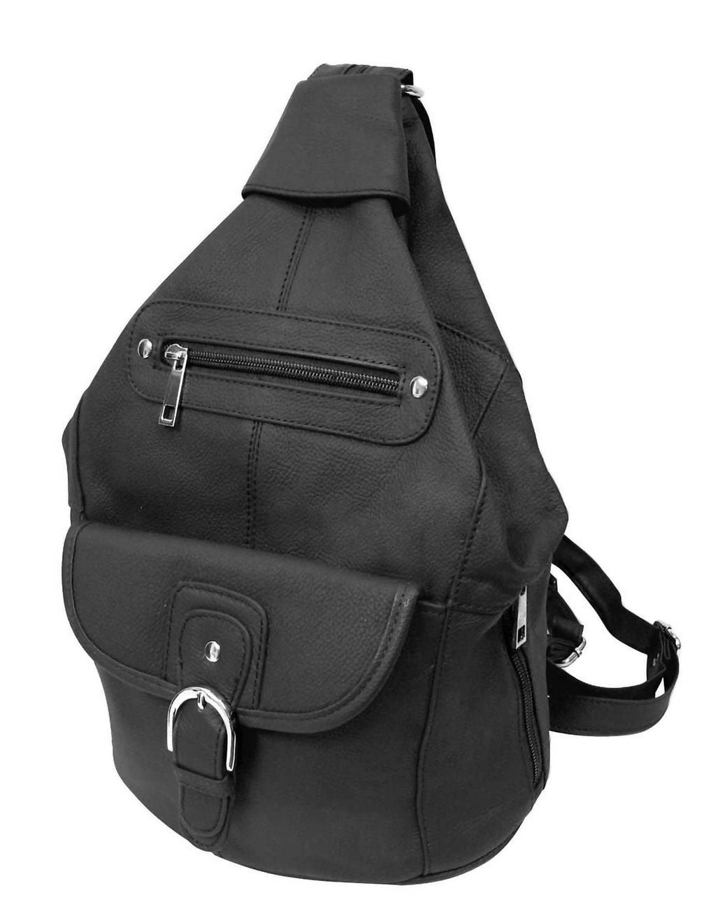 Roma Leathers Black Leather Backpack With Multi Compartments
