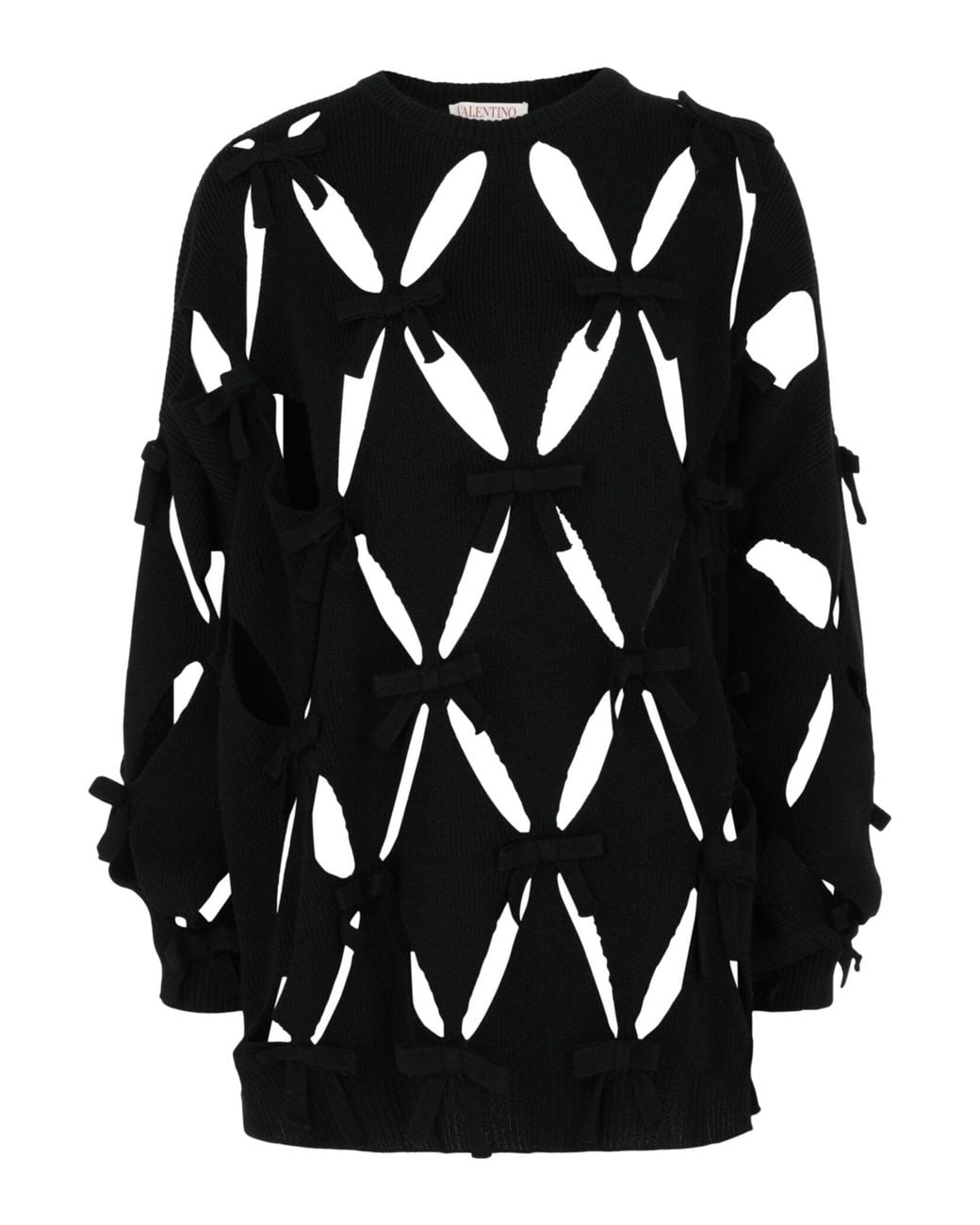 Black Ribbon Ribbed Valentino Wool Ribbon Cutout Sweater in Black | Lyst