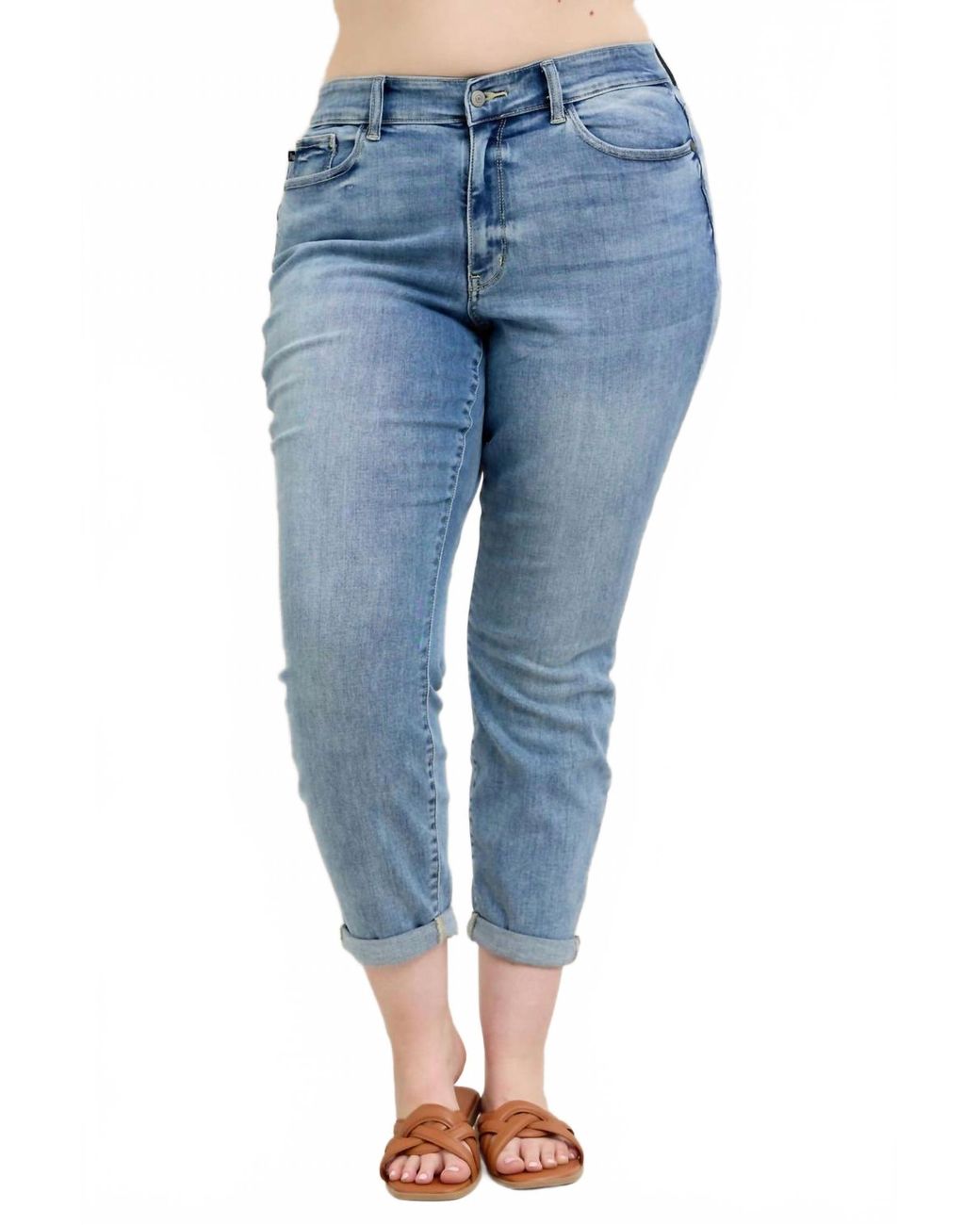 Jean Rish Blue Judy Blue Mid Rise Bleach Wash Cuffed Boyfriend Denim Jeans in Blue | Lyst