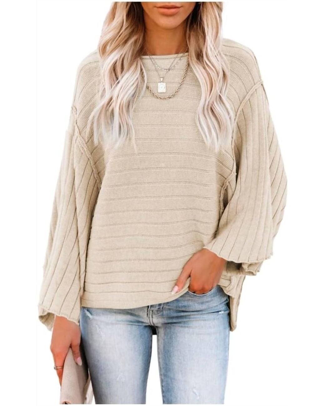 Shewin Natural 3/4 Sleeve Ribbed Sweater