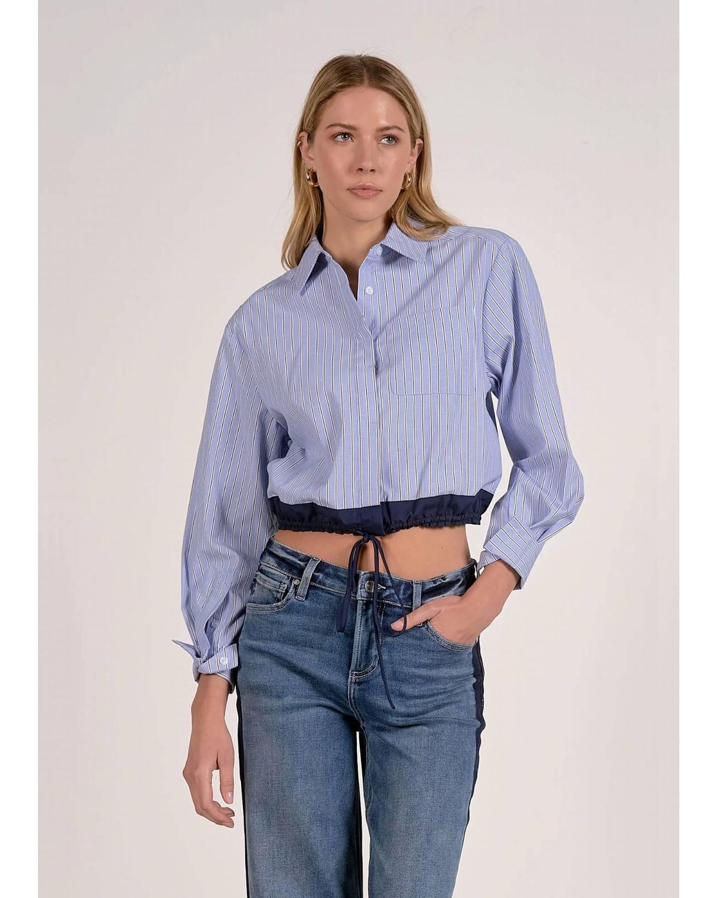 Elan Blue Lana Cinched Button Down Top