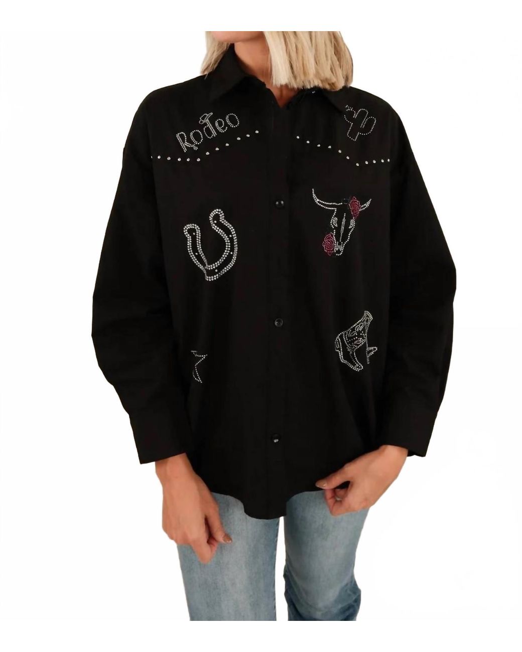 Eesome Black Rhinestone Studded Rodeo Graphic Button Down Top