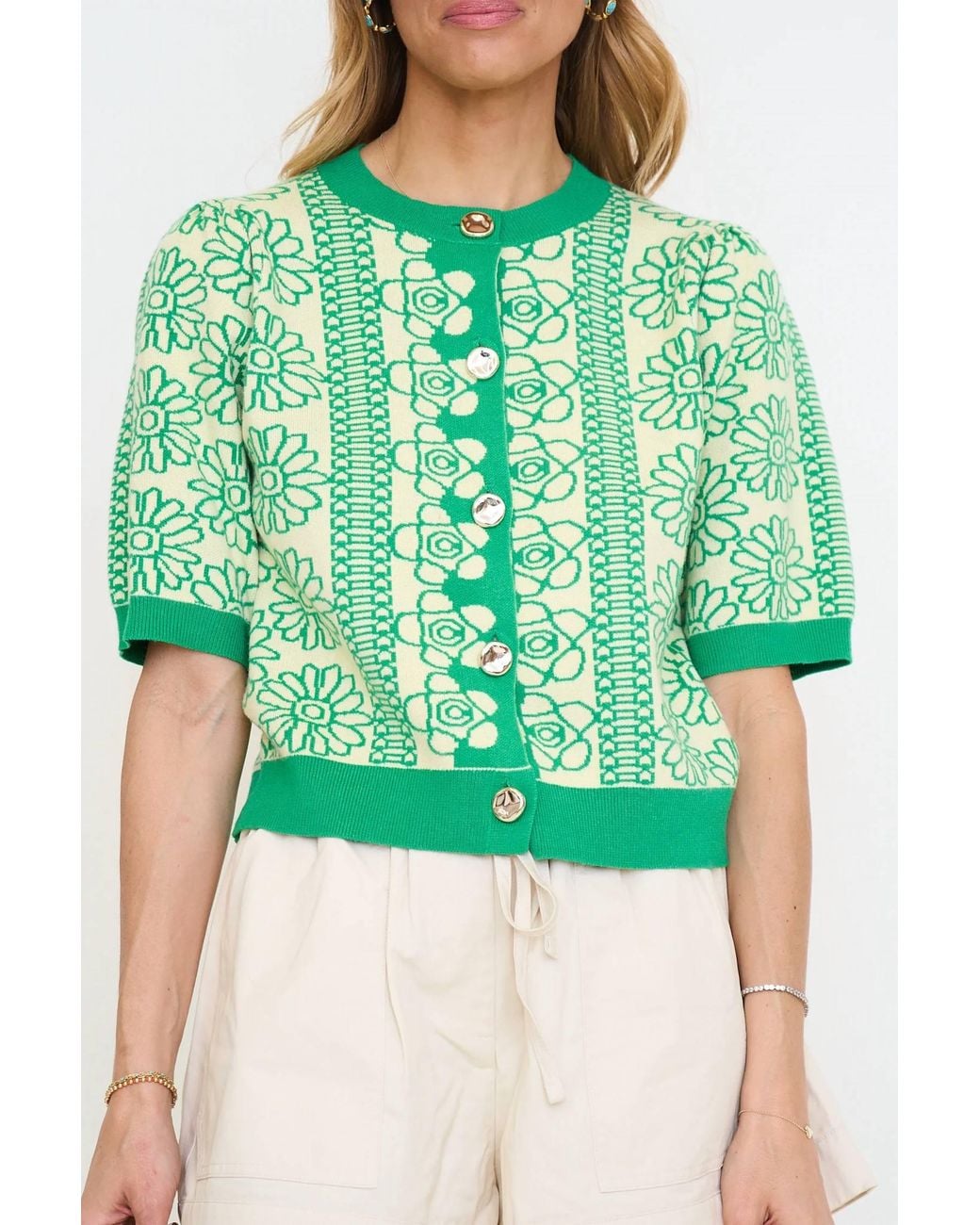 Thml Green Short Sleeve Floral Pattern Button Up Top