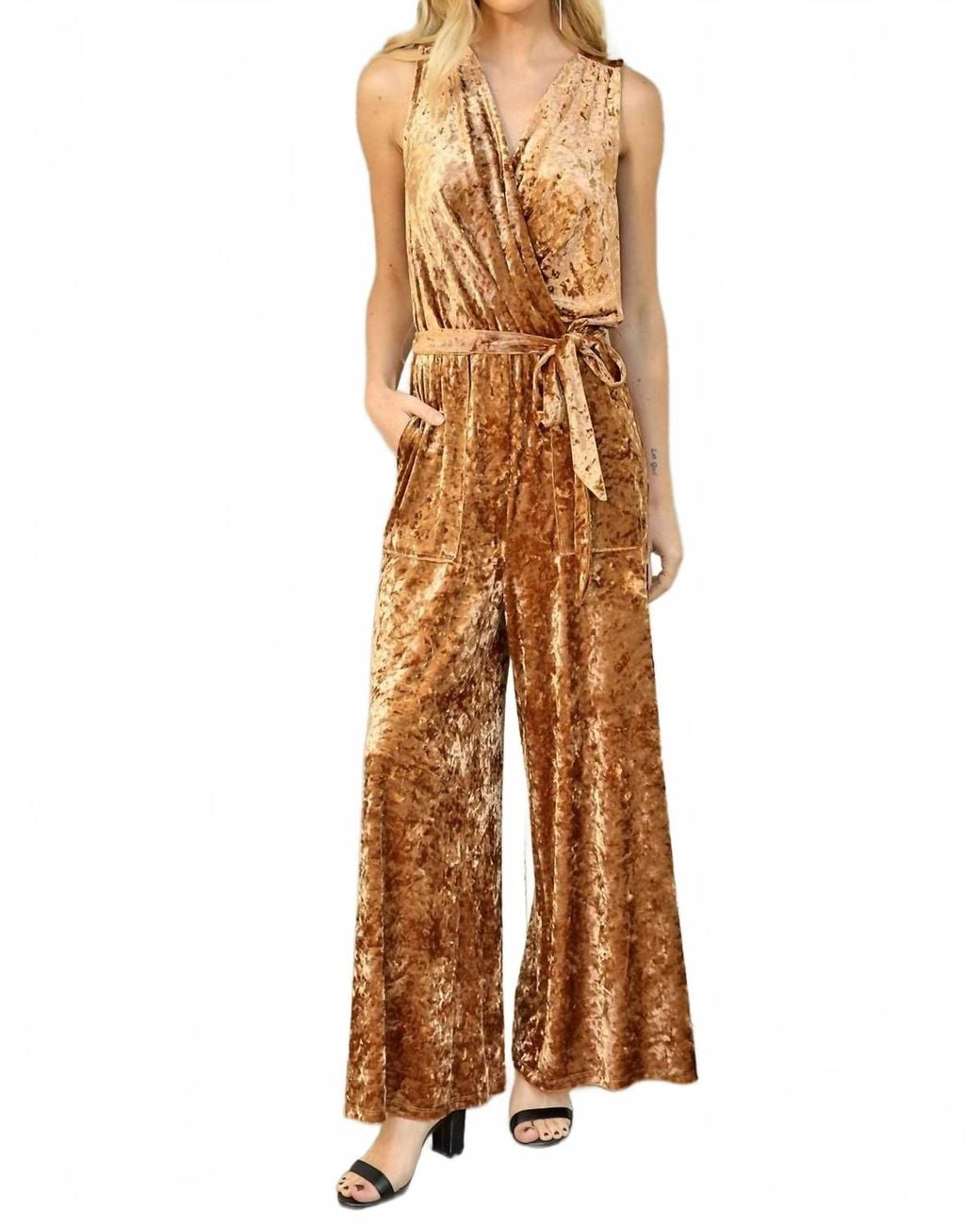 Velvet Collapse Mystree Velvet Sleeveless Jumpsuit in Brown | Lyst