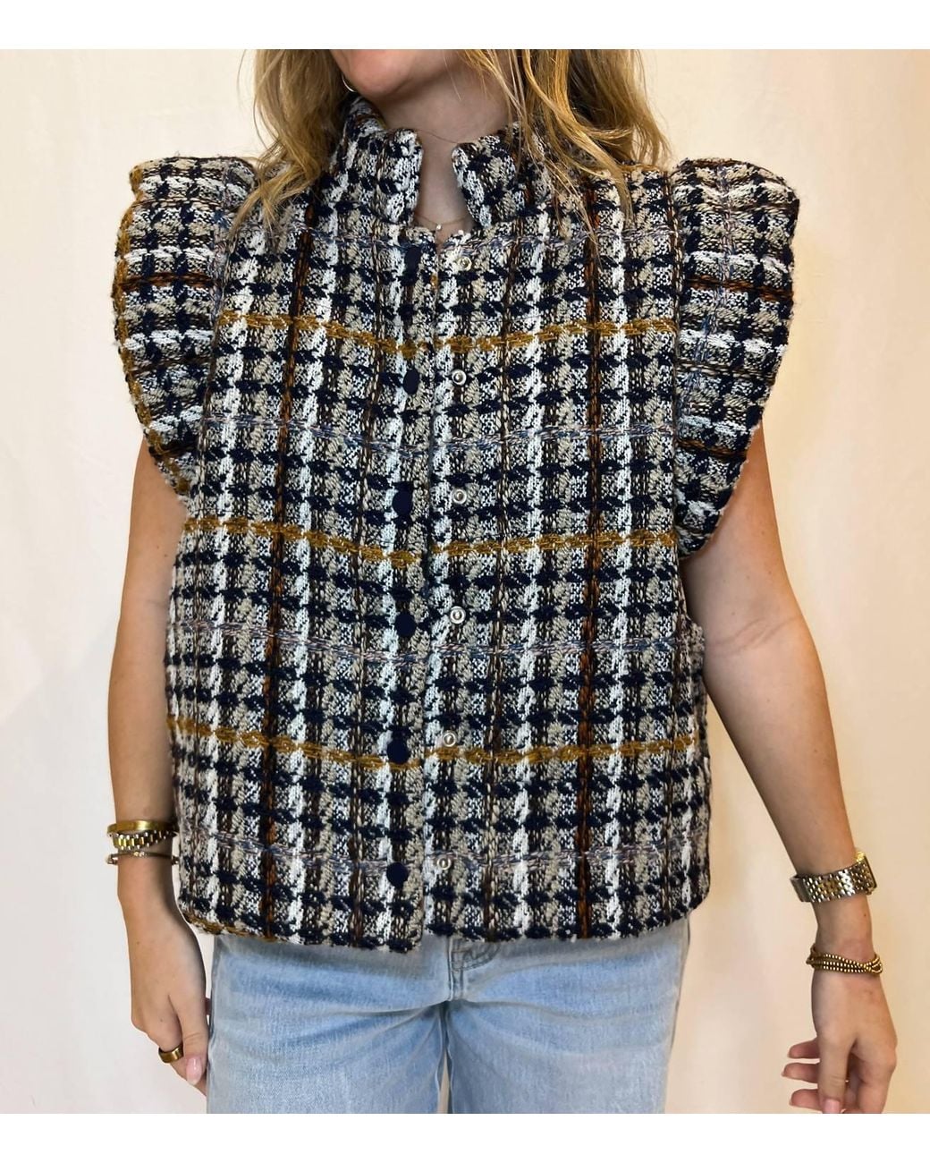 Thml Black Plaid Tweed Top