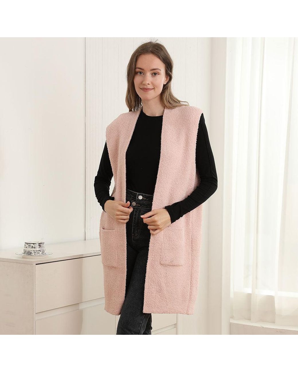 TRUEDAMES Natural Solid Color Open Front Long Vest