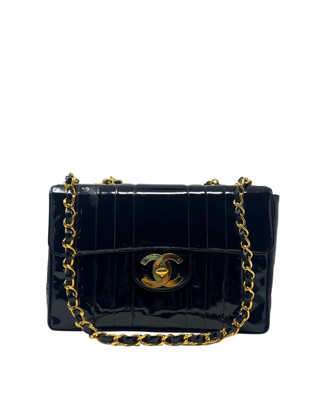 Chanel Patent Leather Mademoiselle Jumbo Single Flap In Black in Blue