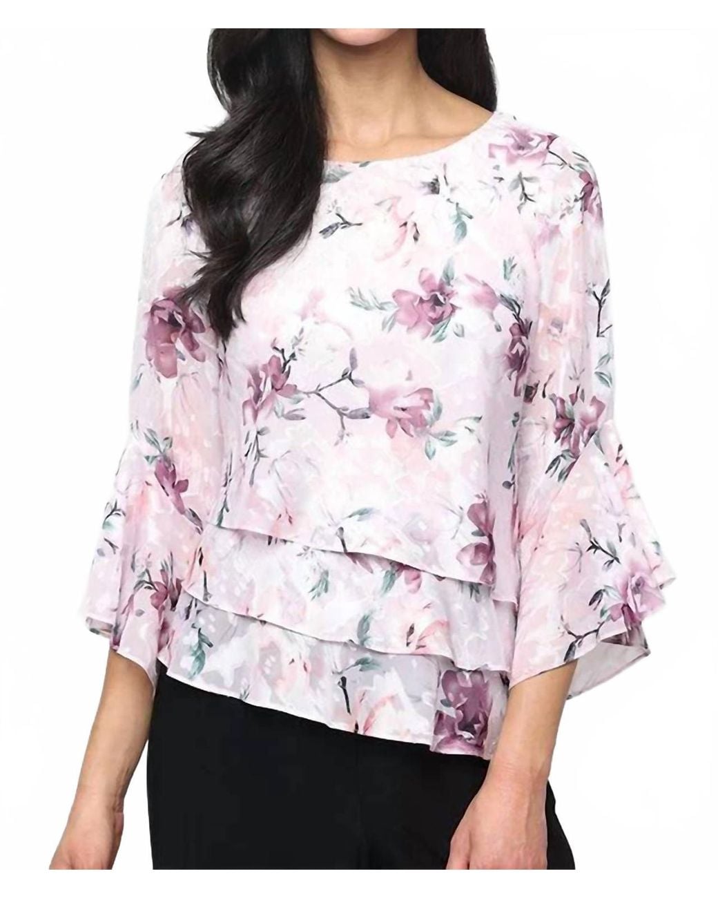 Alex Evenings Chiffon Bell Sleeve Bateau Neck Blouse in Pink | Lyst