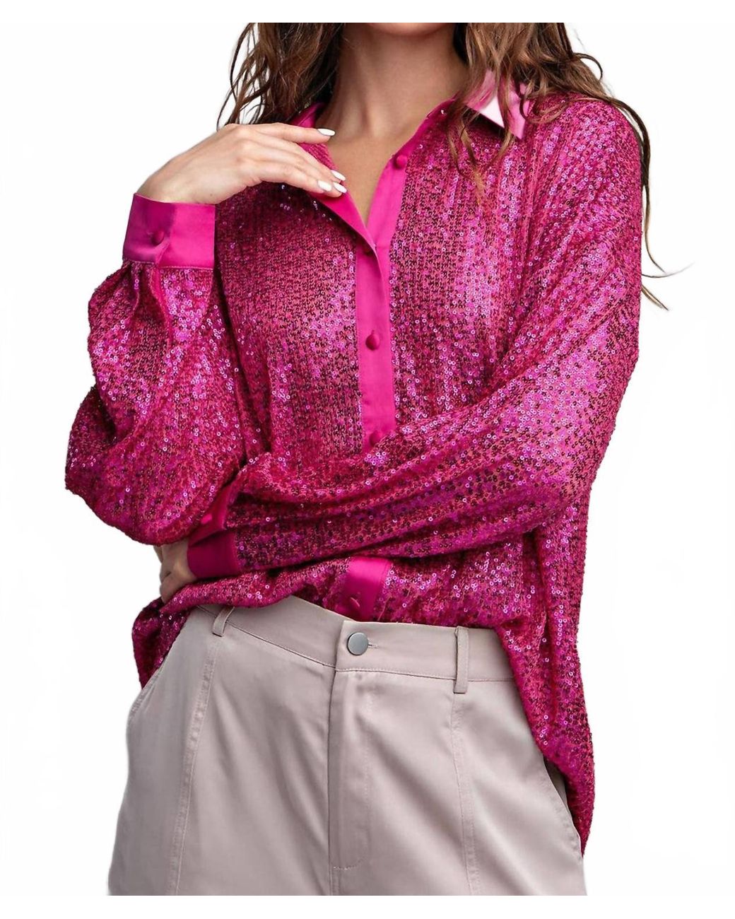 Eesome Pink Glitter Button Down Shirt