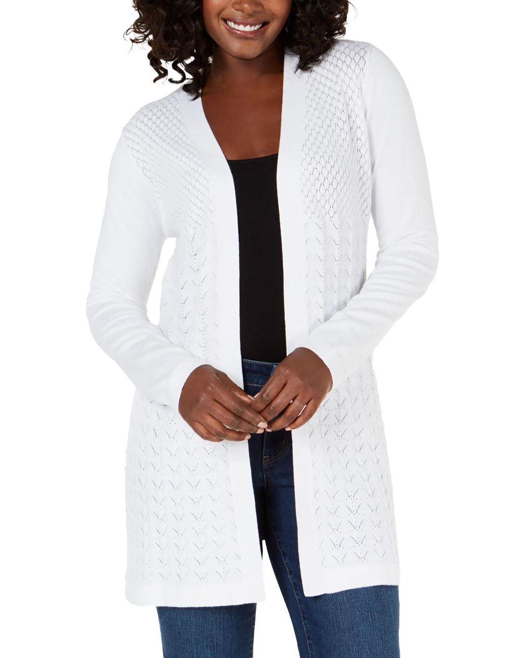 Karen Scott Mixed Knit Open Front Cardigan Sweater in White | Lyst