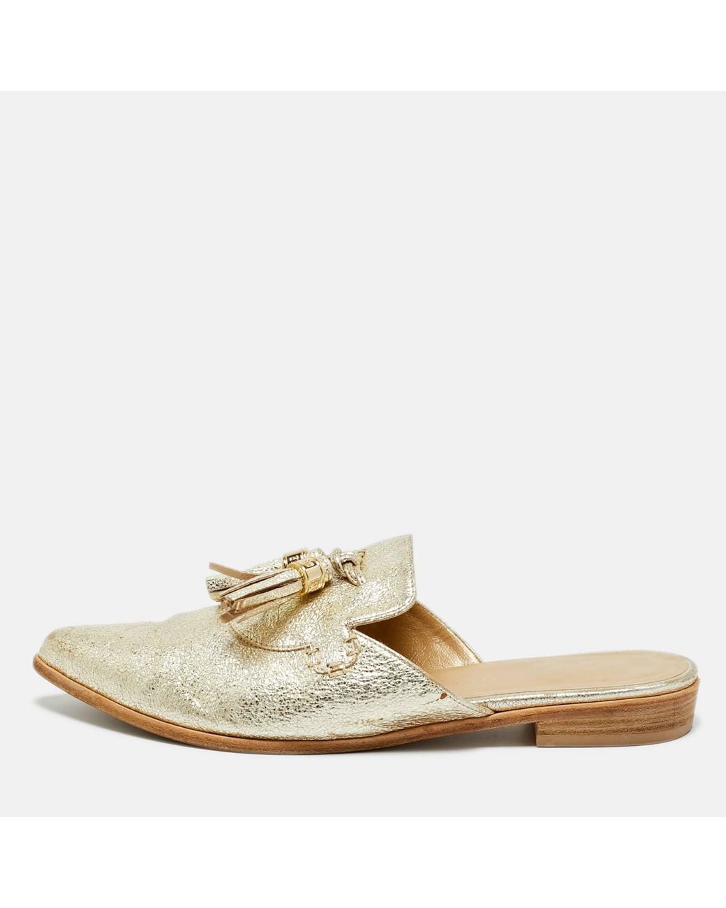 Stuart Weitzman Natural Texture Leather Tassel Pointed Toe Flat Mules