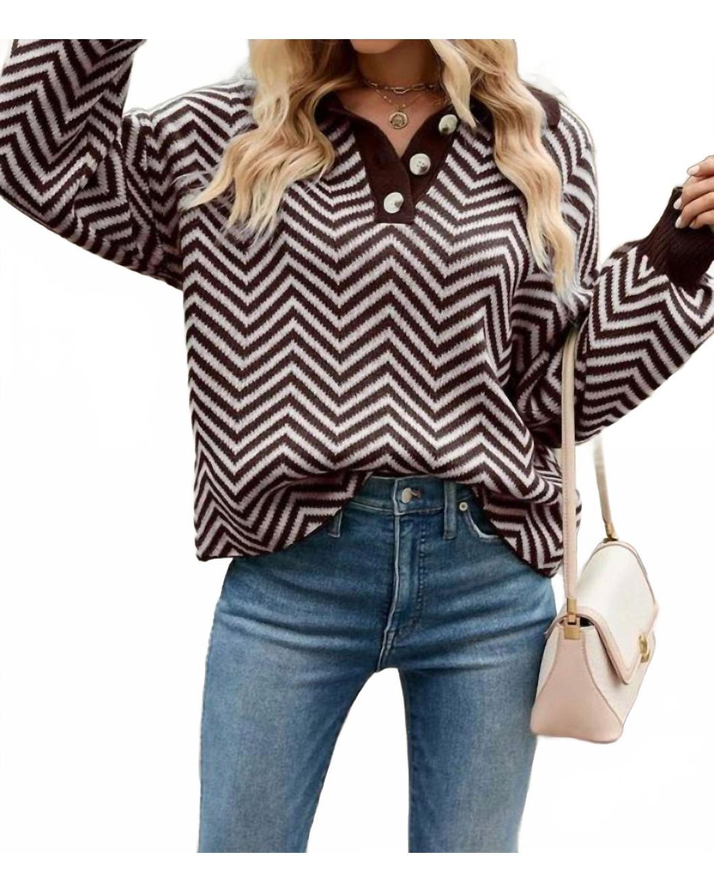 Doublju Black V Patterned Button V Neck Jumper