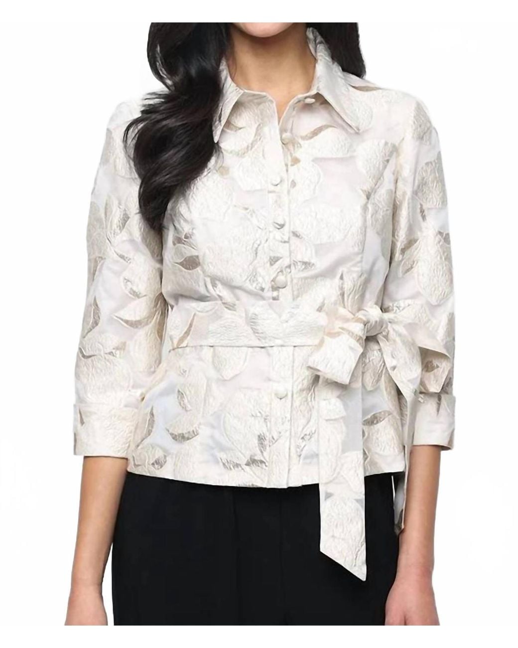 Alex Evenings 3/4 Sleeve Metallic Jacquard Button Front Blouse in White ...
