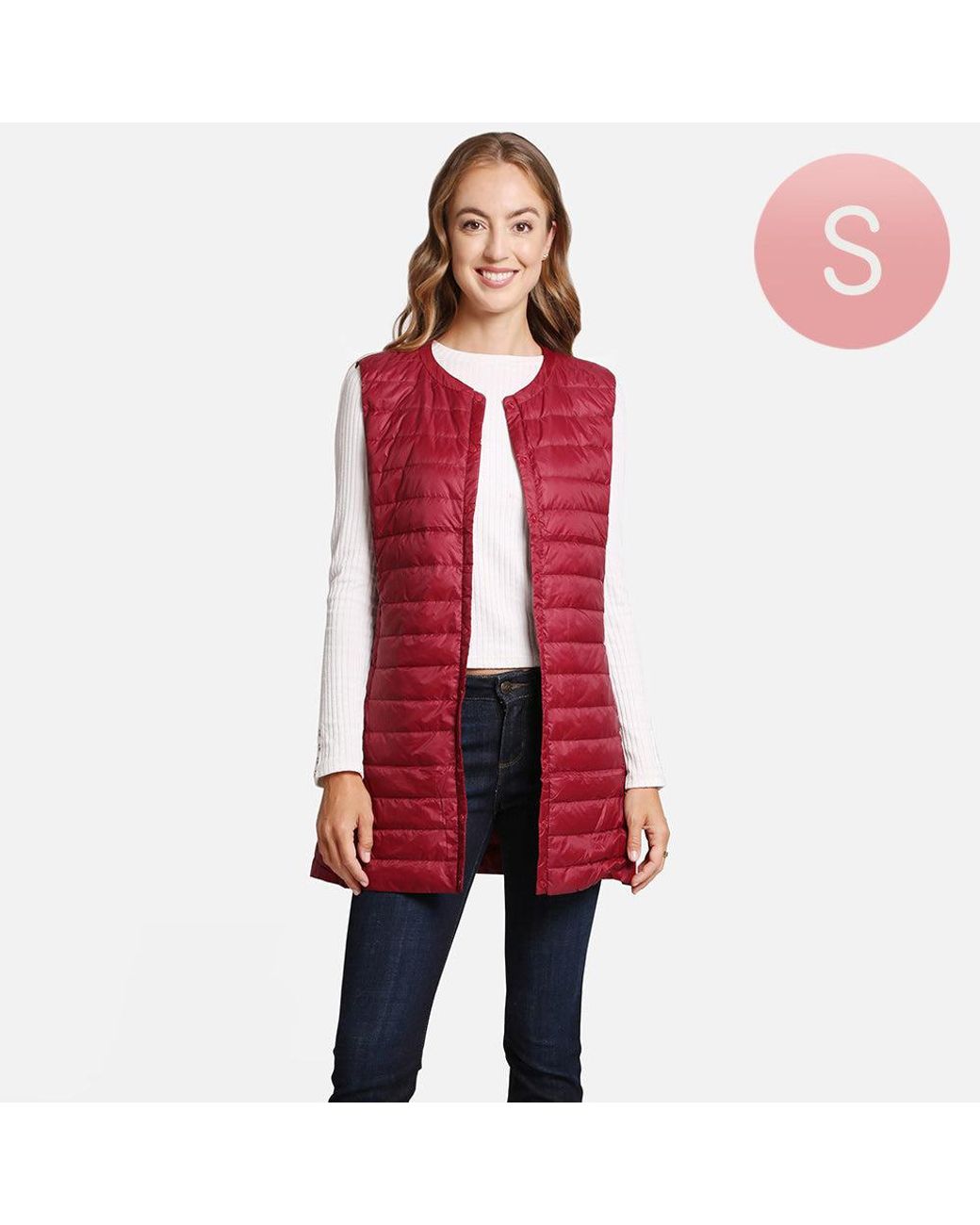 TRUEDAMES Red Solid Light Long Puffer Front Pockets Button Vest
