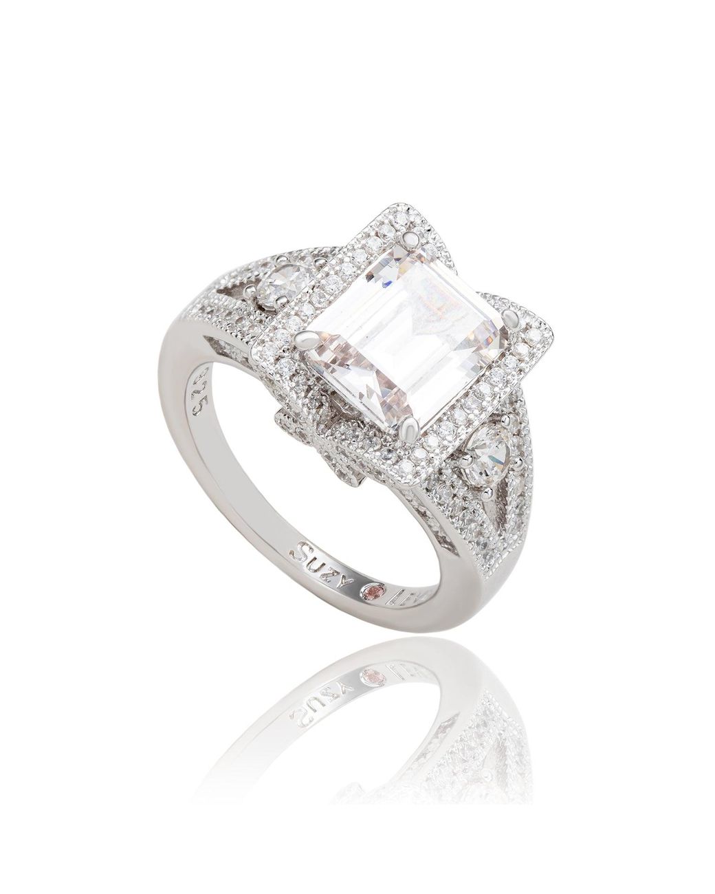 Suzy Levian White Sterling Emerald Cut Cubic Zirconia Pave Engagement Ring