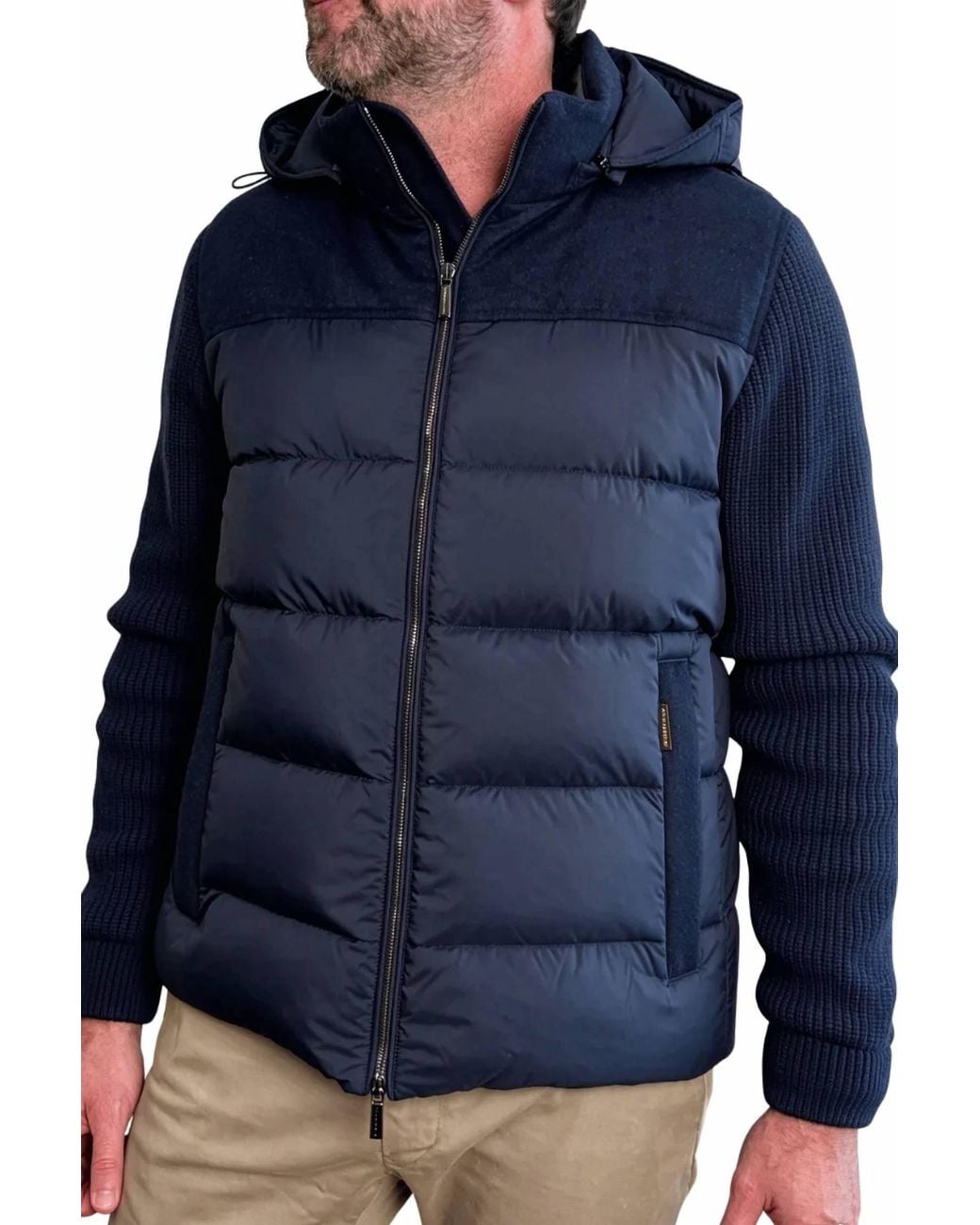 Moorer Blue Hooded Hybrid Down Jacket for men