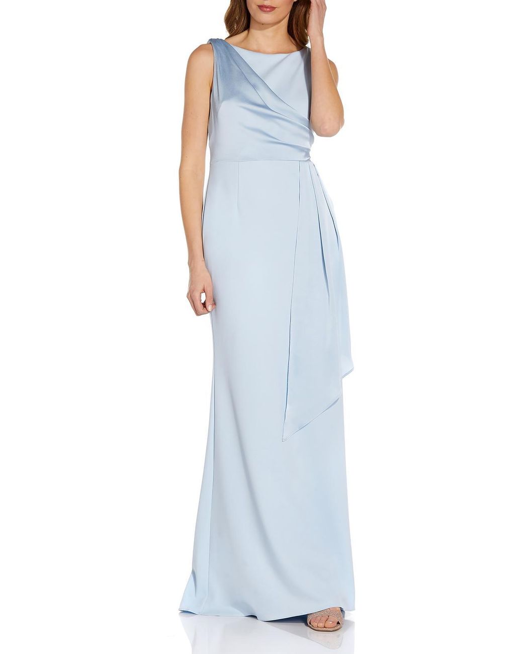 Adrianna Papell Boat Neck Pleated Evening Dress in Blue | Lyst