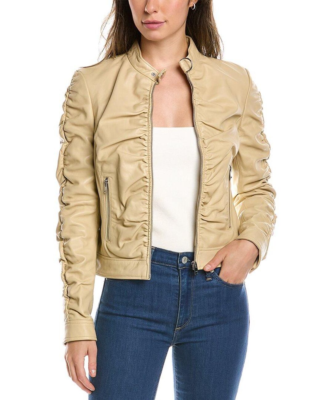 Lamarque Philana Leather Moto Jacket in Natural | Lyst