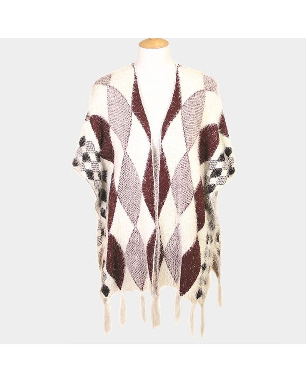 TRUEDAMES Pink Diamond Pattern Tassel Poncho