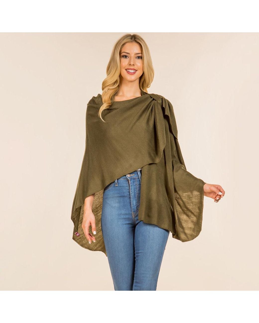 TRUEDAMES Green Elegant Solid Drape Wrap Poncho