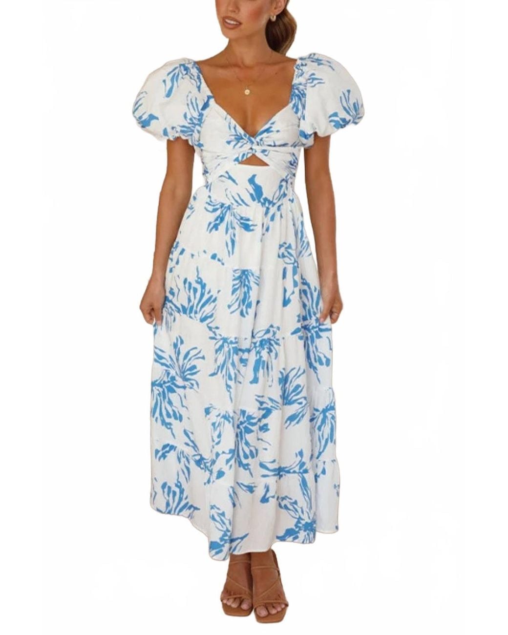 1 Fashion Coastal Twist Puff Sleeves Dress in Blue | Lyst