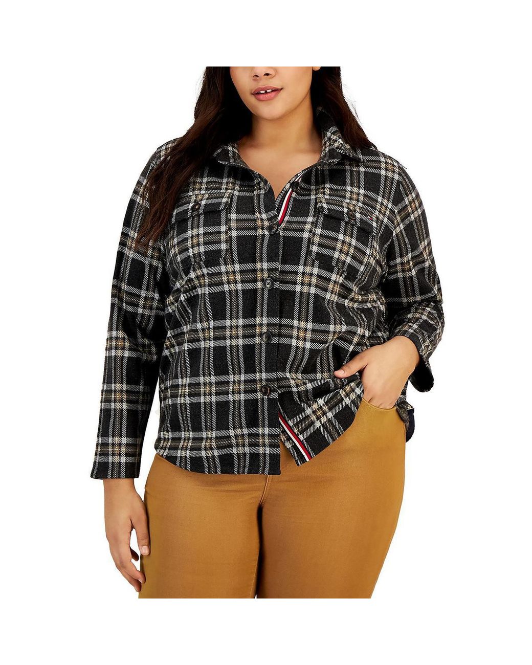 Tommy Hilfiger Plus Plaid Cold Weather Shirt Jacket in Black | Lyst