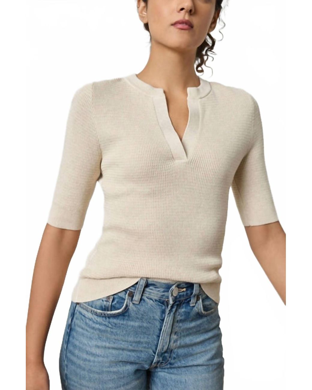 Lilla P Elbow Sleeve Split Neck Sweater in White | Lyst