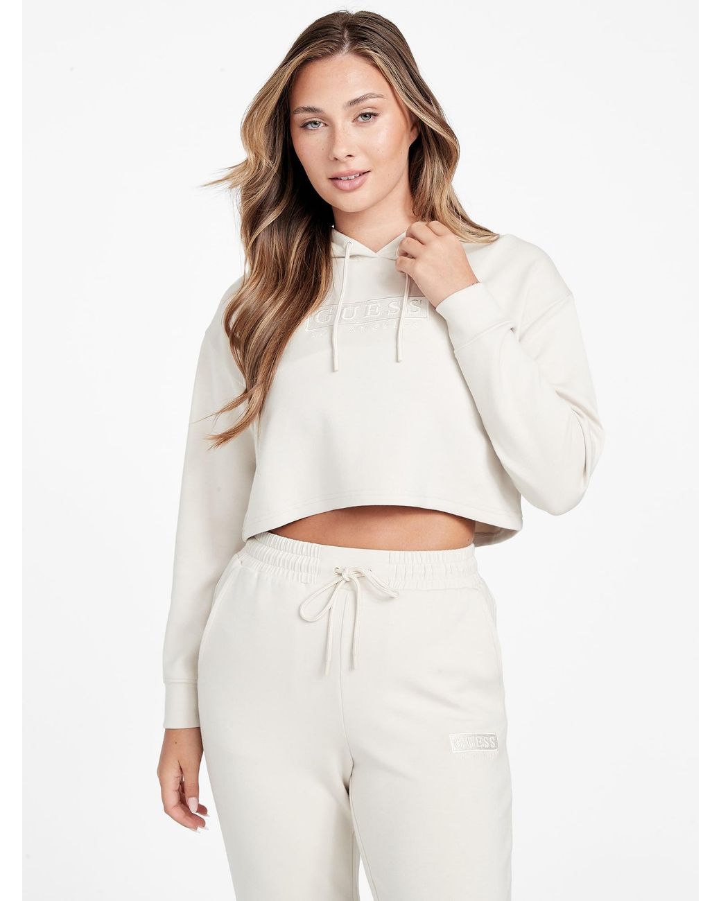 Guess Carly Logo Crop Hoodie in White Lyst