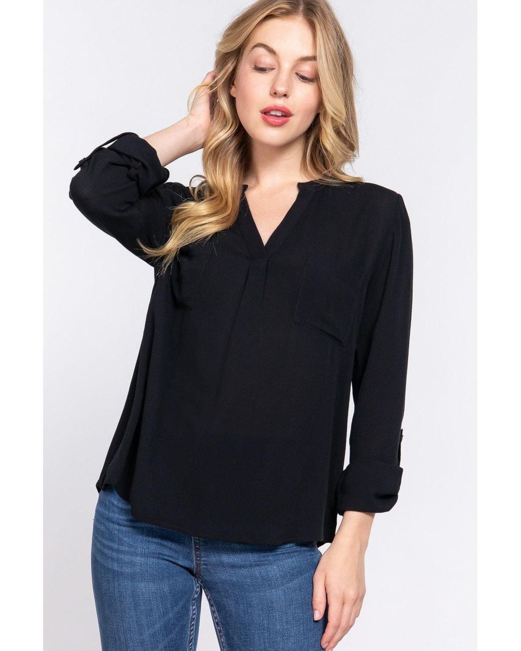 TRUEDAMES Black Active Basic Full Size Notched Long Sleeve Woven Top