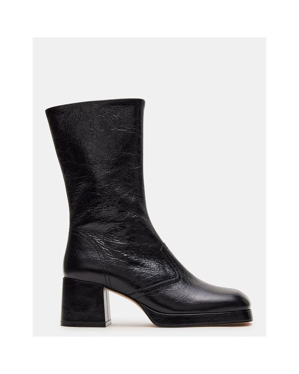 【大特価】Steve Madden BRENTWOOD ブーツ LYLE Black Leather with Snake Square-Toe Heeled Women's