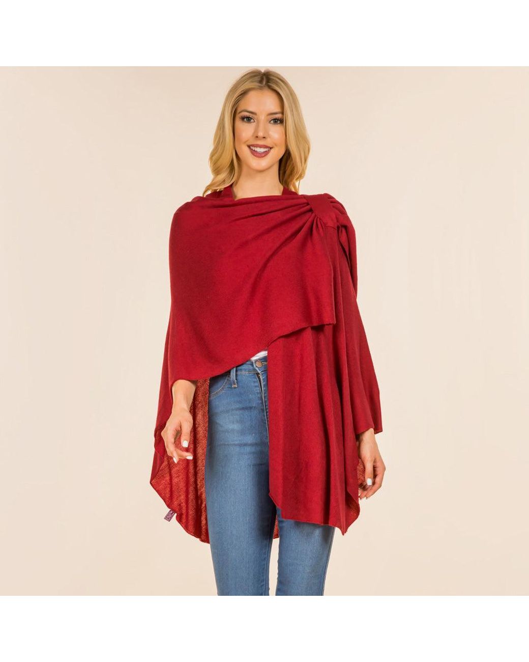 TRUEDAMES Red Elegant Solid Drape Wrap Poncho
