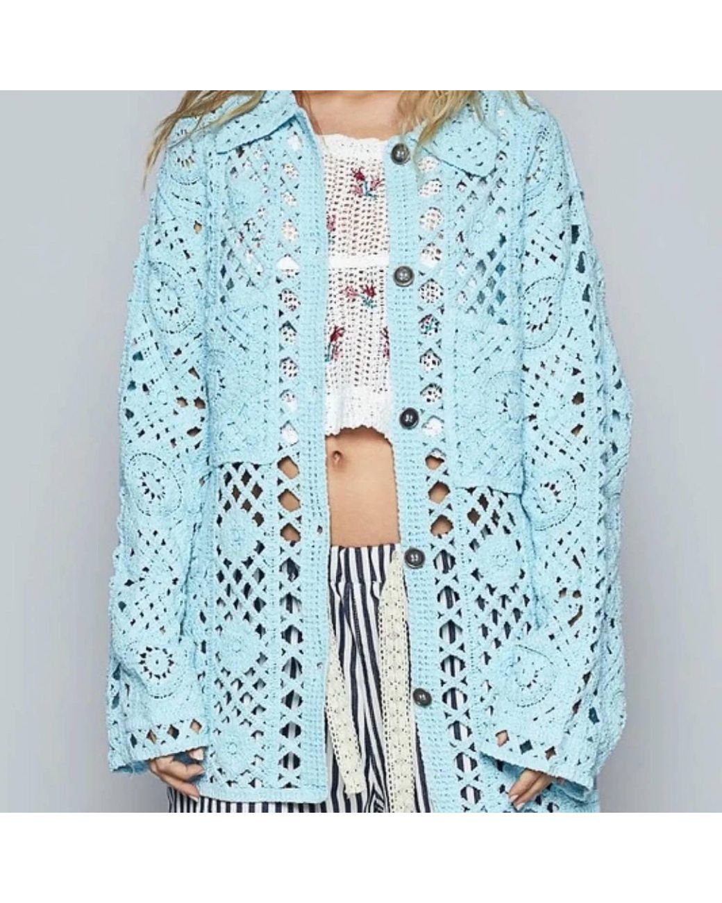 Pol Blue Crochet Button Up Cardigan With Chest Patch Pockets