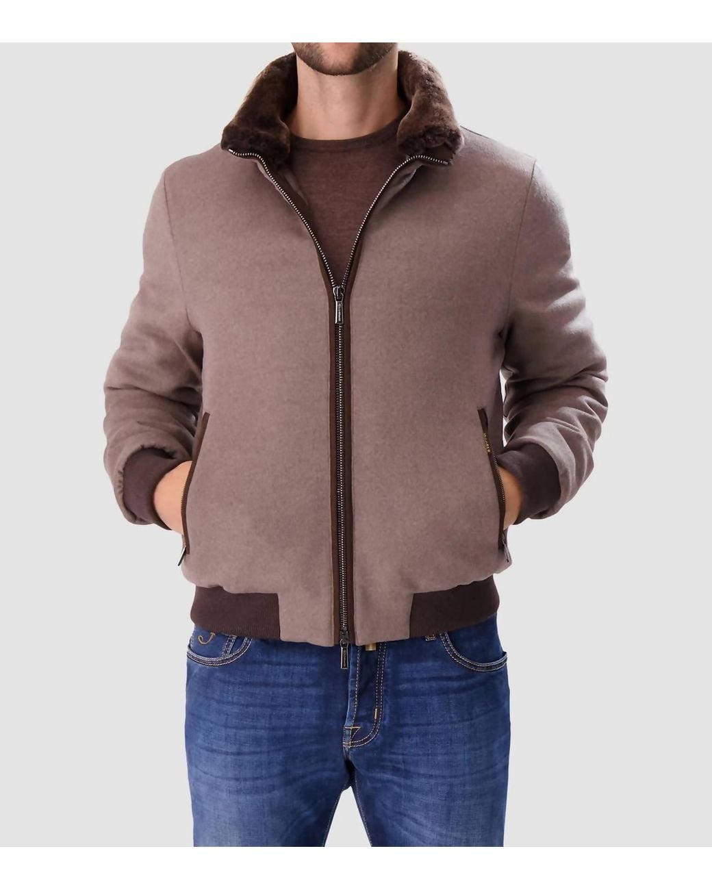 Moorer Brown Shearling Bomber Jacket for men