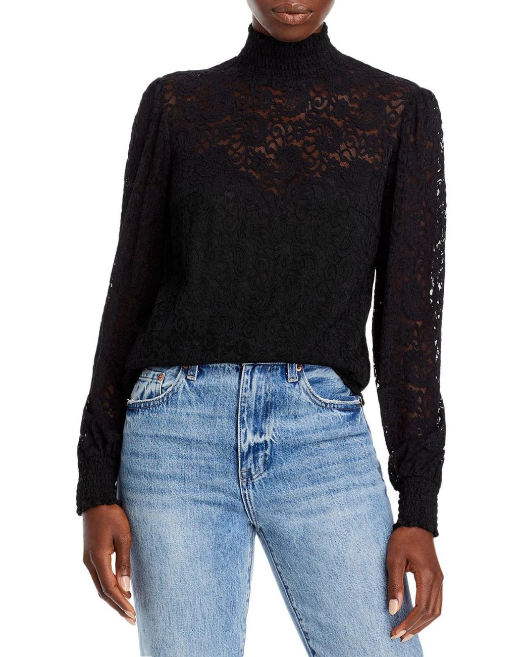 Aqua Lace Sheer Turtleneck Top in Black | Lyst