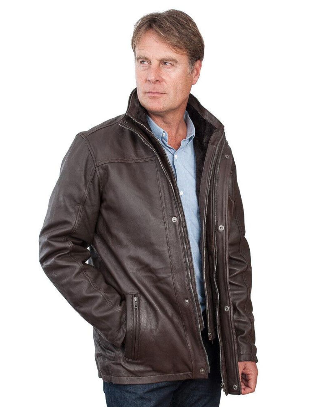 Infinity Leather Brown Warm Mid-Length Biker Jacket for men
