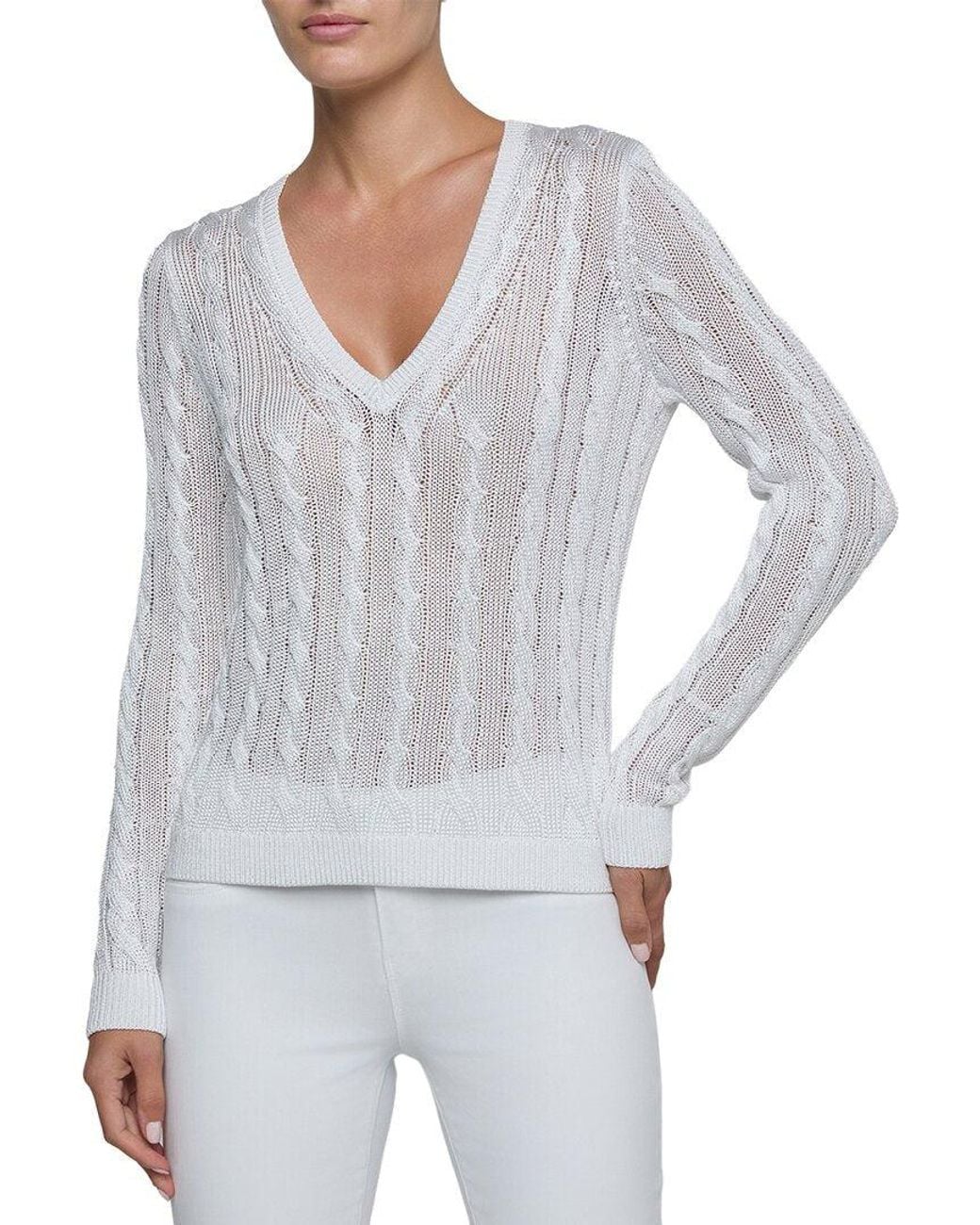 L'Agence Preston Cable V Neck Pullover in Gray | Lyst