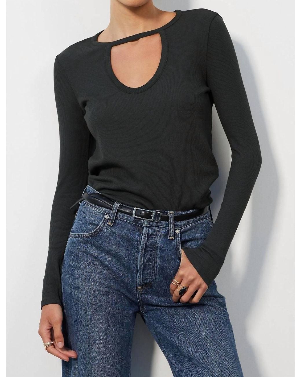 Bobi Black Front Keyhole Ribbed Knit Tee